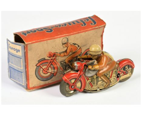 Schuco - Sport Motorcycle, red with detailed engine lithography, rider in beige/orange with No.5 to back, Made in Germany, cl