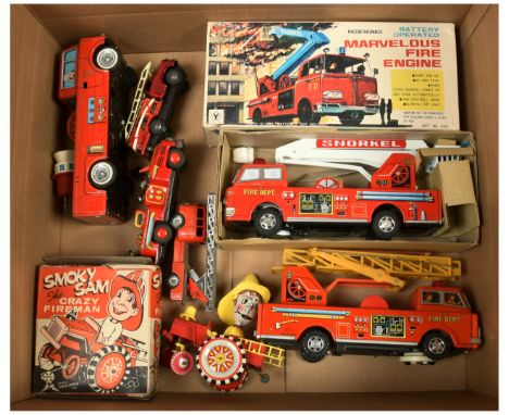 Tinplate Fire Engines x seven including: (1) Yonezawa (Japan) Marvelous Fire Engine, battery operated (clean battery compartm