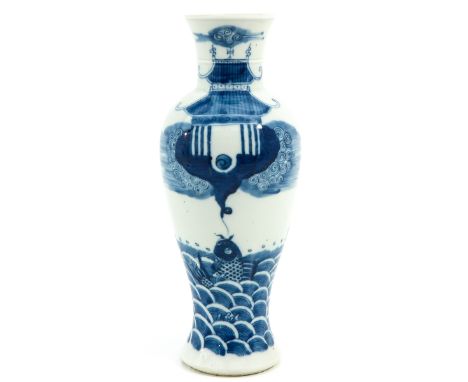 Depicting fish in sea with pagoda, Kangxi mark, 29 cm. tall. 