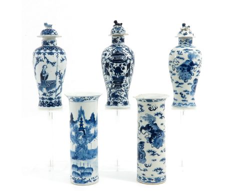 Blue and white decors, including Kangxi Mark, tallest vase is 26 cm., in diverse conditions.