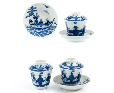 Set of 3, decorated with Chinese figures in boat, saucers are 13 cm. in diameter, chip and hairline.