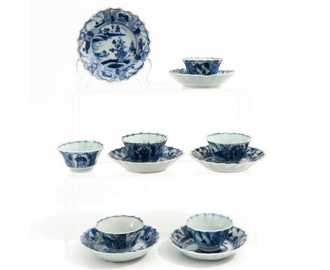 Blue and white decor, saucers are 10 cm. in diameter, chip and hairline.