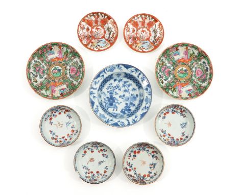 Including 9 small plates and saucers, some 18th Century, largest plate is 16 cm. in diameter, chip and hairline.