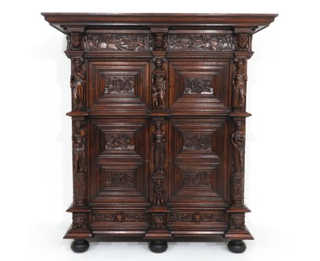 Very fine carved hunting cabinet. Six doors are carved with Jozef in Egypt, symbols of Faith, Love, Strength, Beauty, Justice