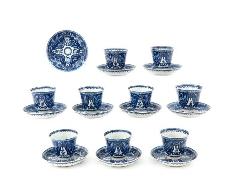 Including 9 cups and 10 saucers, floral decor, saucers are 13 cm. in diameter, in diverse conditions.