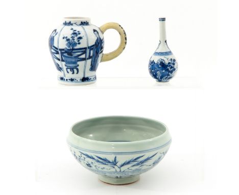 Including pitcher, miniature vase, and small bowl 16 cm. in diameter, in diverse conditions.