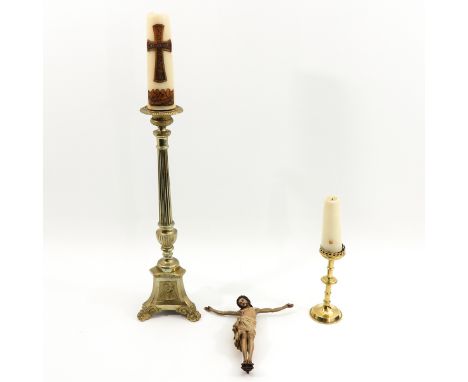 One is polychrome wood depicting body of Christ, tallest candlestick is 98 cm.