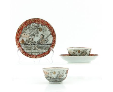 Decorated with European figures with dogs, 18th Century, saucers are 12 cm. in diameter, chip and hairline.