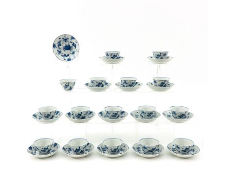Depicting sea creatures, saucers are 12 cm. in diameter, chip.