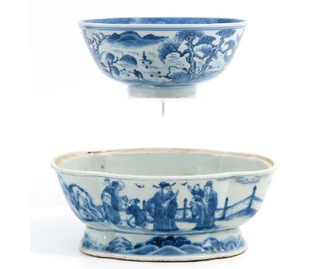 Blue and white decors, bowl with Kangxi mark 21 cm. in diameter,dish is 25 cm. long, chip.