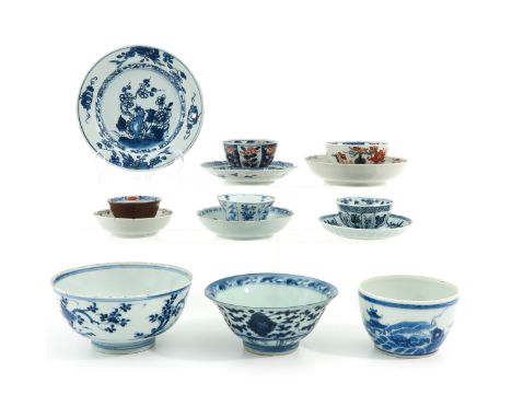 14 pieces of cups, saucers, and bowls, in diverse decors, including 18th Century, largest bowl is 16 cm. in diameter, in dive