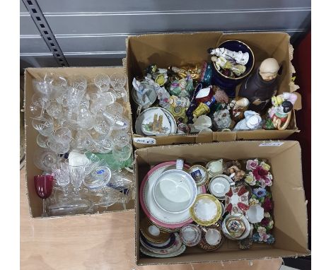 One box of assorted glassware to include Babycham saucers plus two boxes of mixed decorative and other ceramics including nov