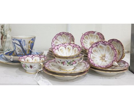 19th century porcelain teaset, handpainted with pink and gilt borders and handpainted floral sprays together with a Meissen p