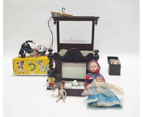 Boxed Pelham puppet 'Cat', miniature celluloid doll, miniature bisque doll and a doll's half-tester bed and sundry items (1 b