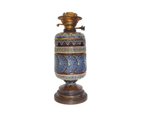 19th century Doulton Lambeth patent stoneware oil lamp&nbsp;decorated with stylised relief decoration on blue and brown glaze