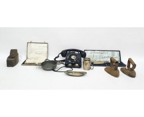 Black bakelite dial phone (damaged), EPNS boxed sets of knives, carving knife and fork, fish knives and forks, etc and two ol