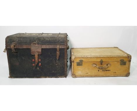 Cream leather travel trunk with brass manufacturers label 'Watajoy, London Made' and a black leather dome-topped trunk (2) 