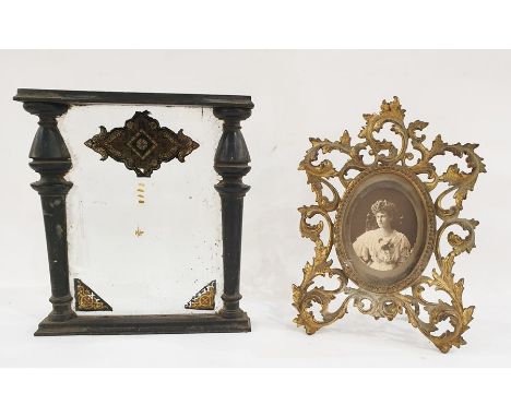 Metronome with tuning fork, a late Victorian rosewood and satinwood inlaid Flutina accordion and a glazed panel with painted 