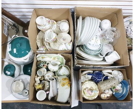 Four boxes of tea and dinnerware plus other novelty items plus a small quantity of Denby Greenwheat pattern items and a ceram