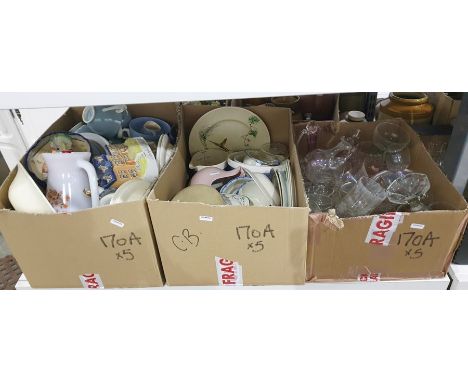 Five boxes of assorted items, ceramics and glassware including champagne saucers, Royal Doulton teaware, measuring jug, mixin