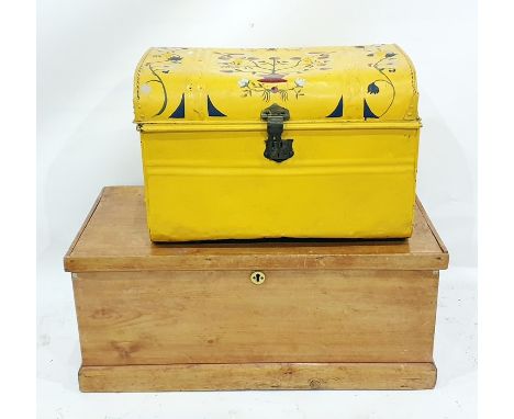 Yellow painted dome-topped tin trunk and a further trunk (2) 