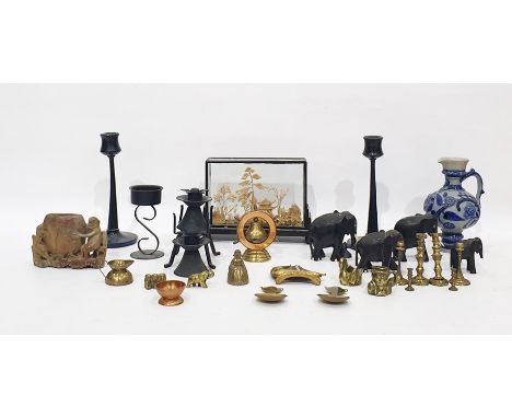 Stoneware blue and white jug, wooden table candlesticks, carved elephants, a bakelite projector, etc 