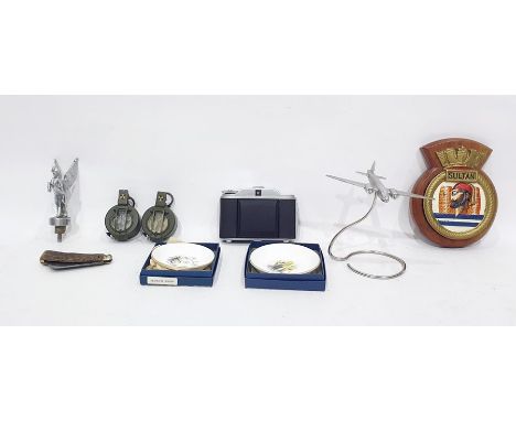 Pair of Stanley London military-style compasses in leather pouches, a Sultan plaque,  two Royal Worcester bone china miniatur