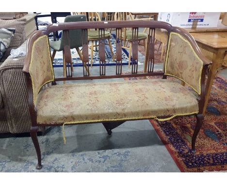 Mahogany and satinwood inlaid two-seater sofa and two single armchairs with yellow ground foliate upholstered seats and sides