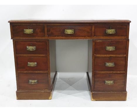 19th century mahogany desk with red leather inset top, nine assorted drawers, on plinth base, 107cm x 76cm Condition Reportth