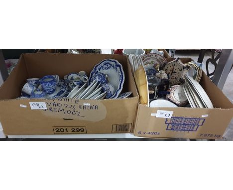 Two boxes of ceramics to include a quantity of various pattern blue and white plates, saucers etc and a quantity of oriental 