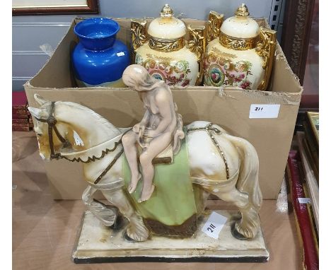 Pair of Victorian-style lidded vases, a Royal Worcester 'Silver Lustre' part bachelors tea service, a plaster of paris model 
