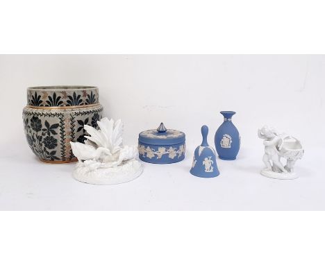 Doulton Lambeth stoneware art deco style jardiniere together with a collection of blanc-de-chine style figure groups, Wedgwoo