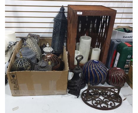 Assortment of outside lanterns, two ceramic decorative glass bowls, a cast iron bootscraper and doorstop 