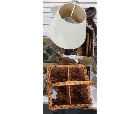 Three boxes of assorted items in wood and metal including small banjo barometer, barley twist lamp and four partition basket 