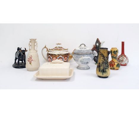 Spode teapot together with a 19th century Goebel fish jug, a pottery cow creamer, majolica jug, various tiles, a pair of Cope