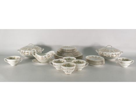 Part Coalport porcelain dinner service 'Allegro' pattern, with white ground and gold floral sprays, comprising a pair of two-
