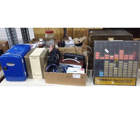 Quantity of assorted items including mini fridge, collectables, transister radios, a Philips Infraphil health lamp in origina