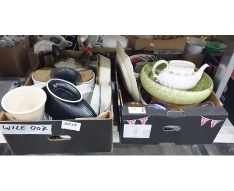 Four boxes assorted ceramics to include cups, storage jars, large bowls, a ceramic chicken egg holder and a tall brown glazed