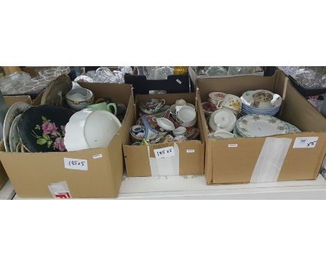 Five boxes of assorted ceramics including some modern chinese tableware plus teapots, plates and ceramic pot pourri holders