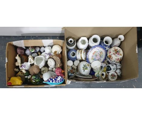 Two boxes comprising a collection of small porcelain and pottery decorative vases, trinket dishes, a blue and white pottery v