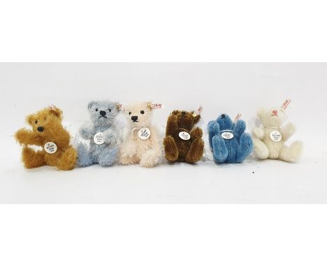 Set of six Steiff Club miniature bears, 1998 in blue, 1999 in brown, 2001 in white, 2002 in ginger, 2003 in pale pink and 200