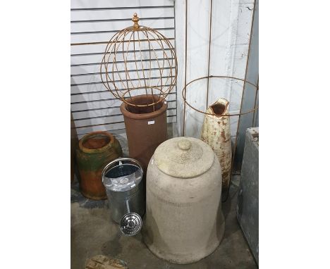 One large and one small rhubarb forcer, a reclaimed chimney pot with gold coloured globe decorative insert, another damaged r