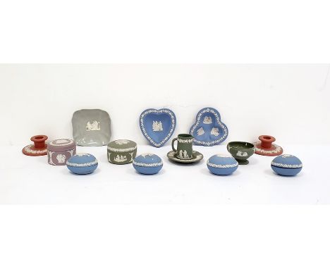 Large collection of Wedgwood blue and white, green and white, purple and white jasperware to include trinket dishes, egg-shap