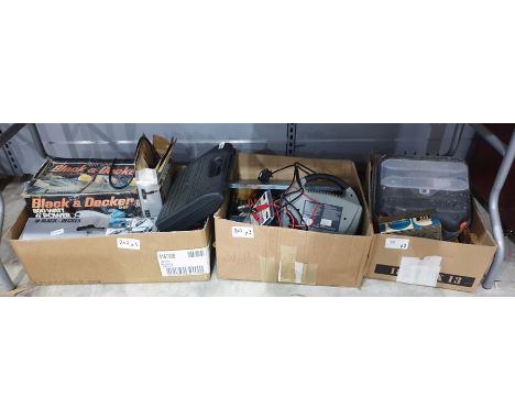 Three boxes of hand and power tools including Black and Decker circular saw, Bosch angle grinder, a car vac, saws, screwdrive