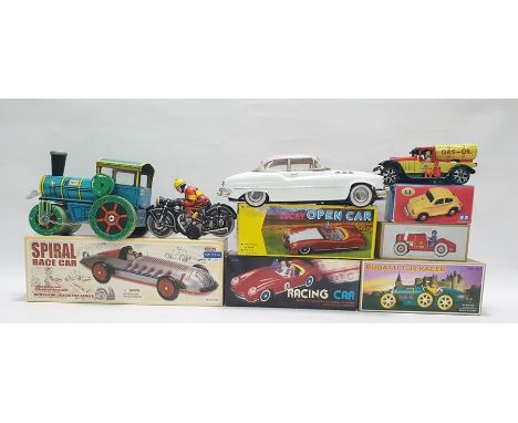 Quantity of tinplate wind-up toys including scooter, steam engine, gas wagon, etc and other model vehicles 