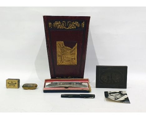 Folding embossed bin, horn snuff box, Hohner harmonica, 1922 10,000 Mark note, treen block carved with castle scene, signed p