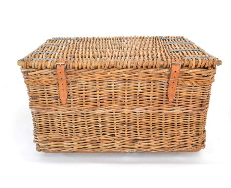 Arthur Craven, Chepstone Street, Manchester hamper basket with two handles, leather straps with buckles, metal frame and a wo