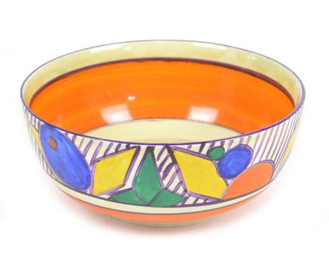 Clarice Cliff 'Fantasque' bowl with colourful geometric design on striped ground. Diameter 21.2cm (8.5in)Condition report: Sm