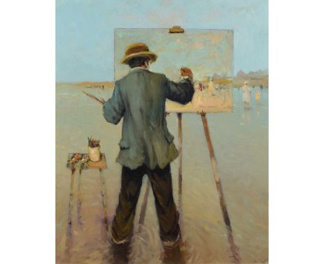 Ken Moroney (British 1949-2018) Self-portrait on the beach, signed, oil on board.89cm x 74cm (35in x 29.25in)Footnote:Artists