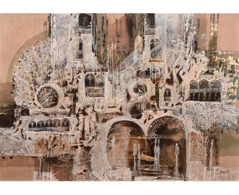 Jan Wenczka (Polish 1946-) Architectural study, signed, mixed media on canvas.59.5cm x 85cm (23.5in x 33.5in)Footnote:Artists